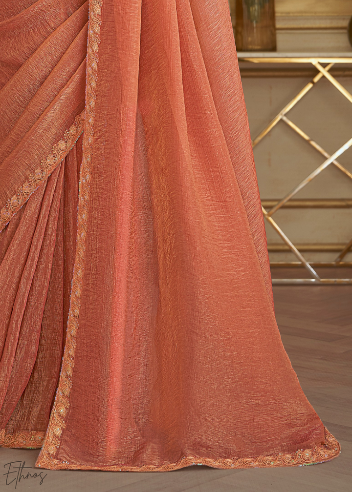 Muted Peach Gold Metallic Georgette Saree