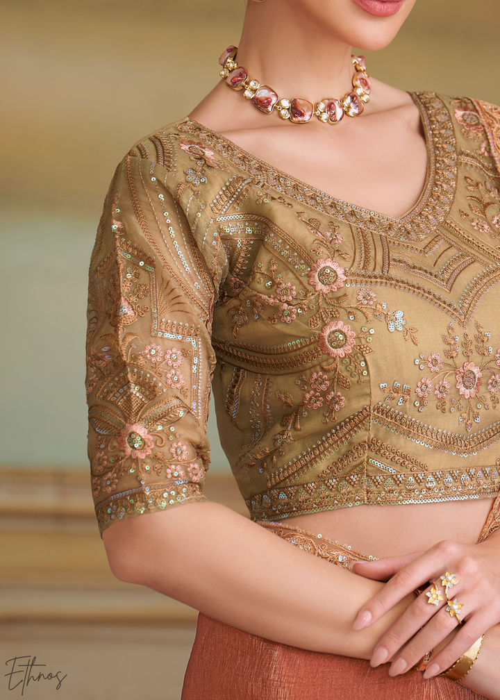 Muted Peach Gold Metallic Georgette Saree