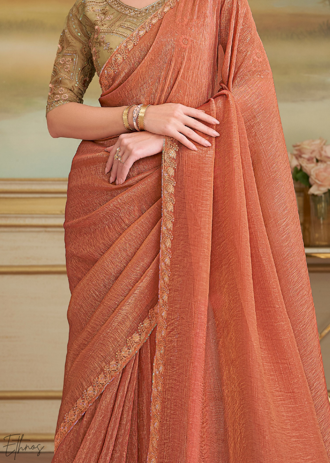 Muted Peach Gold Metallic Georgette Saree