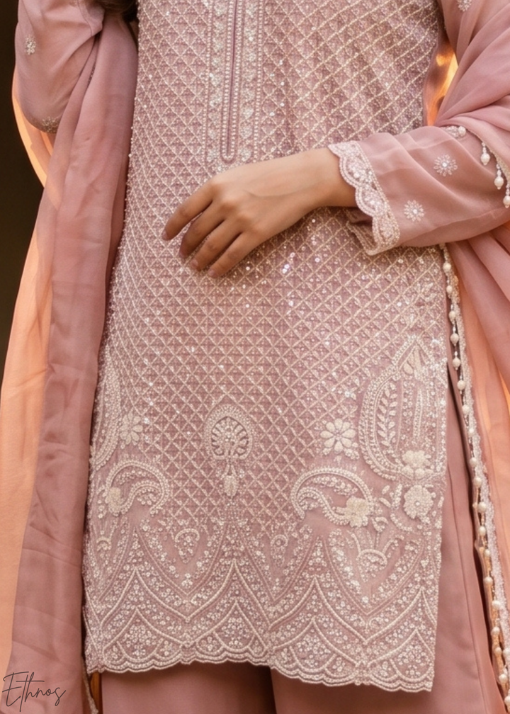 Muted Rose Botanical-Embroidered Chinon Silk Palazzo Suit