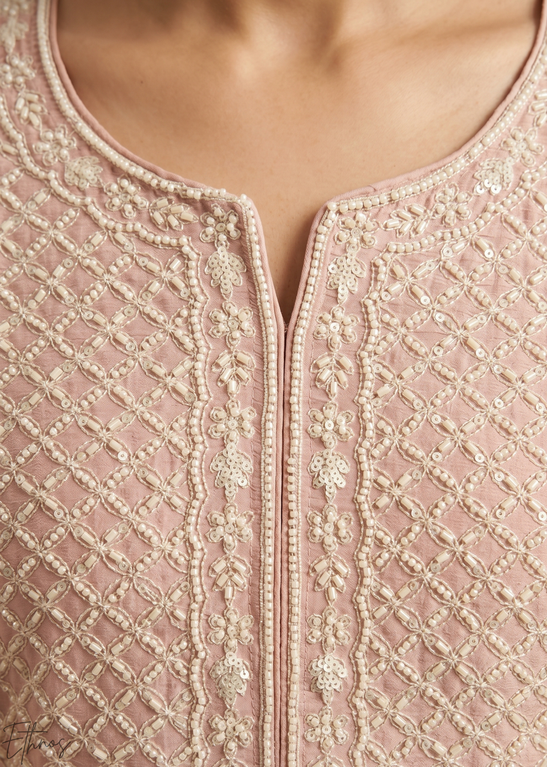 Muted Rose Botanical-Embroidered Chinon Silk Palazzo Suit