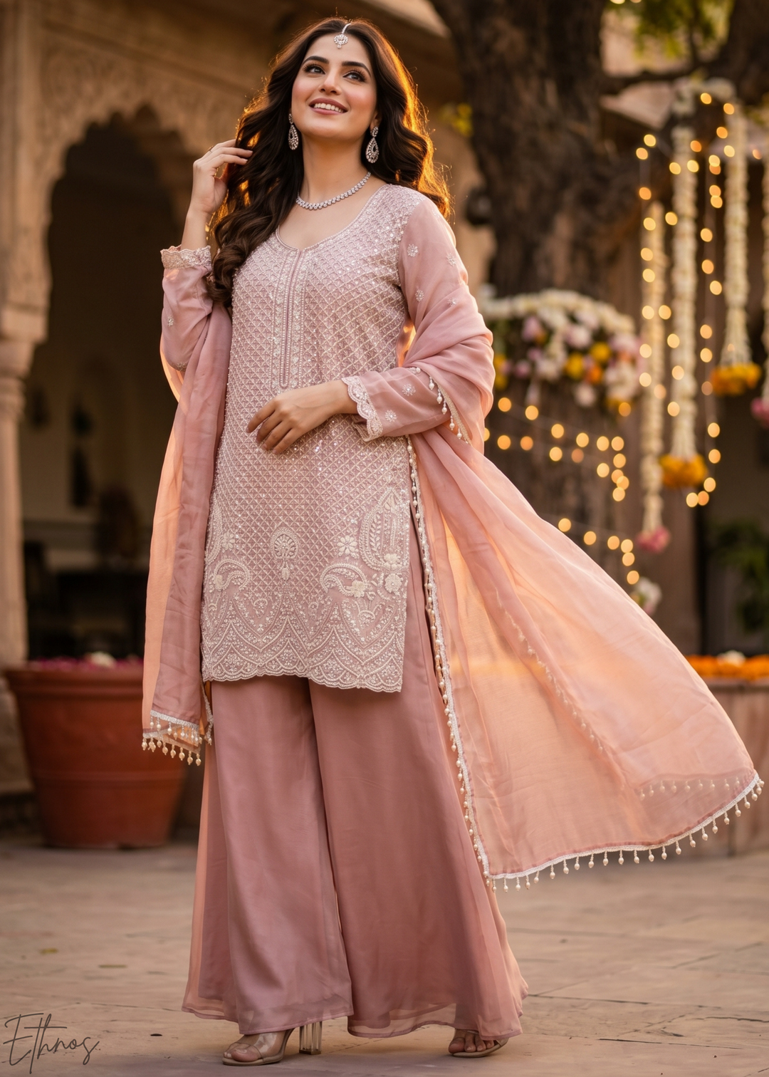 Muted Rose Botanical-Embroidered Chinon Silk Palazzo Suit