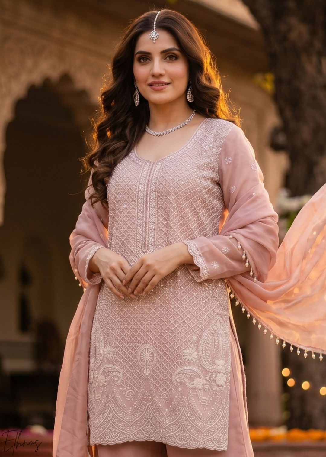Muted Rose Botanical-Embroidered Chinon Silk Palazzo Suit