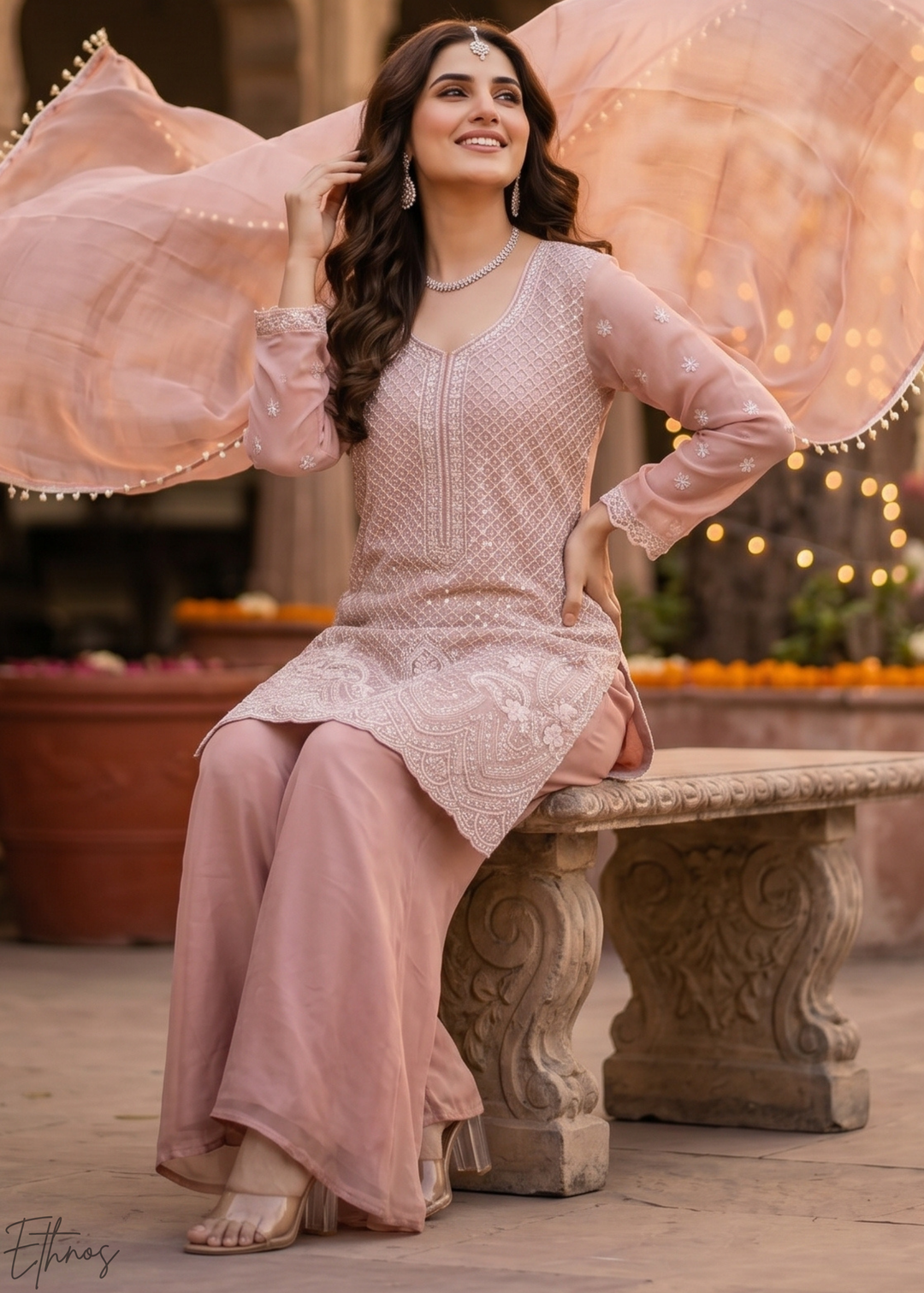 Muted Rose Botanical-Embroidered Chinon Silk Palazzo Suit