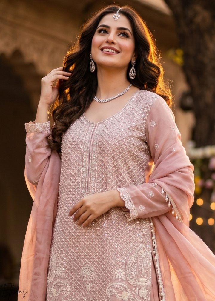 Muted Rose Botanical-Embroidered Chinon Silk Palazzo Suit