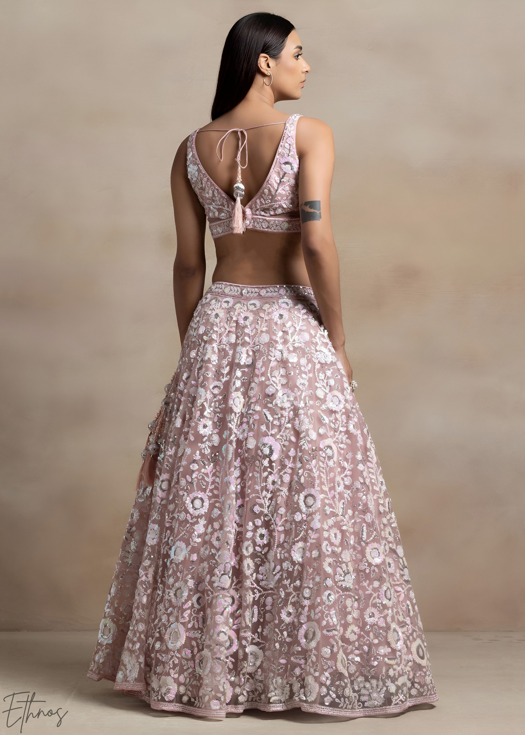 Muted Rose Foliage Filigree Net Lehenga Choli