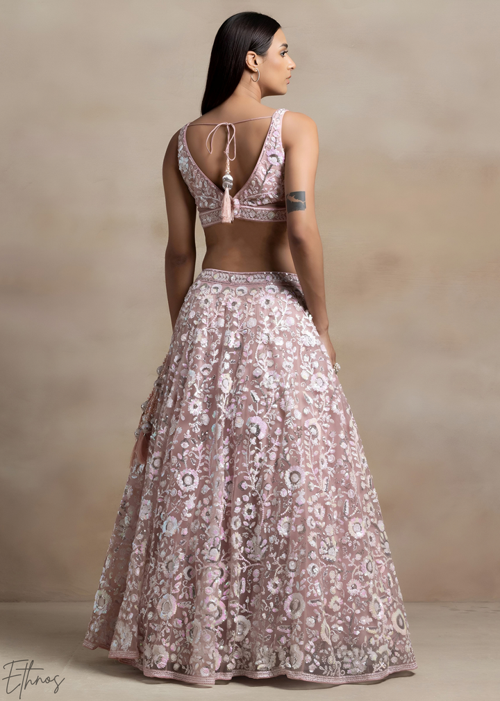Muted Rose Foliage Filigree Net Lehenga Choli