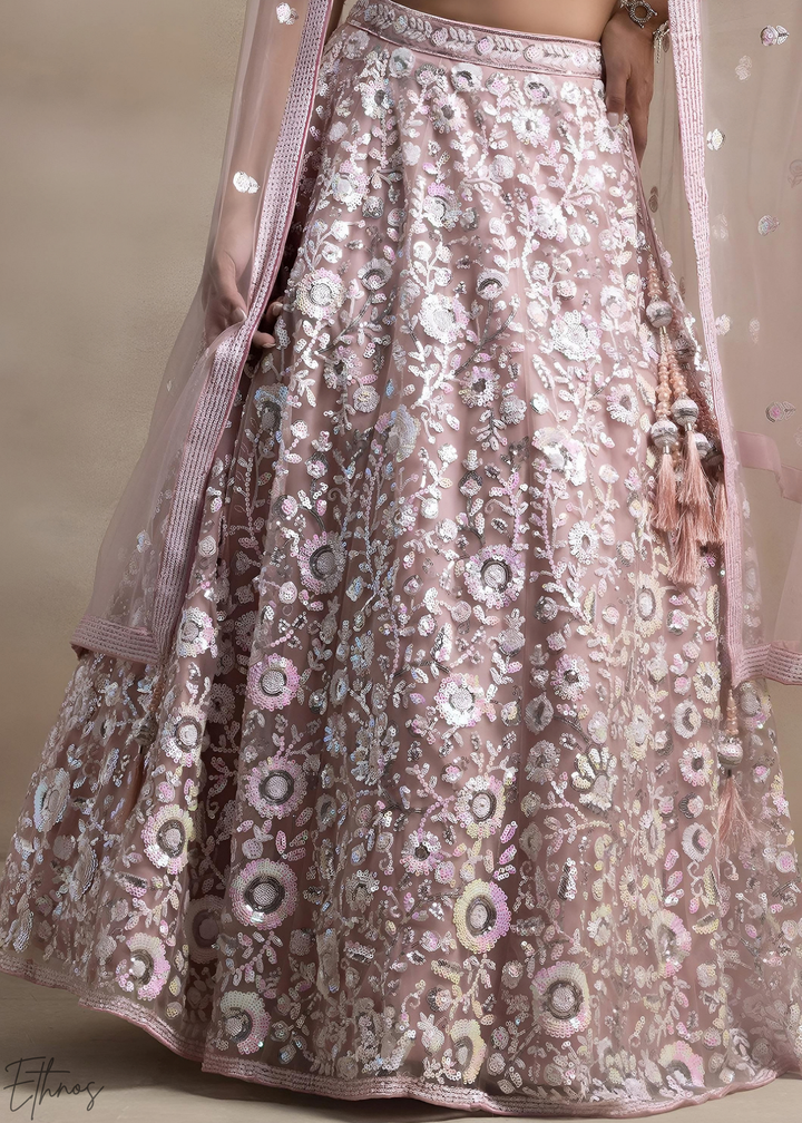 Muted Rose Foliage Filigree Net Lehenga Choli