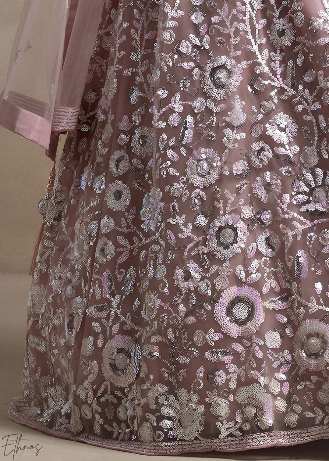 Muted Rose Foliage Filigree Net Lehenga Choli