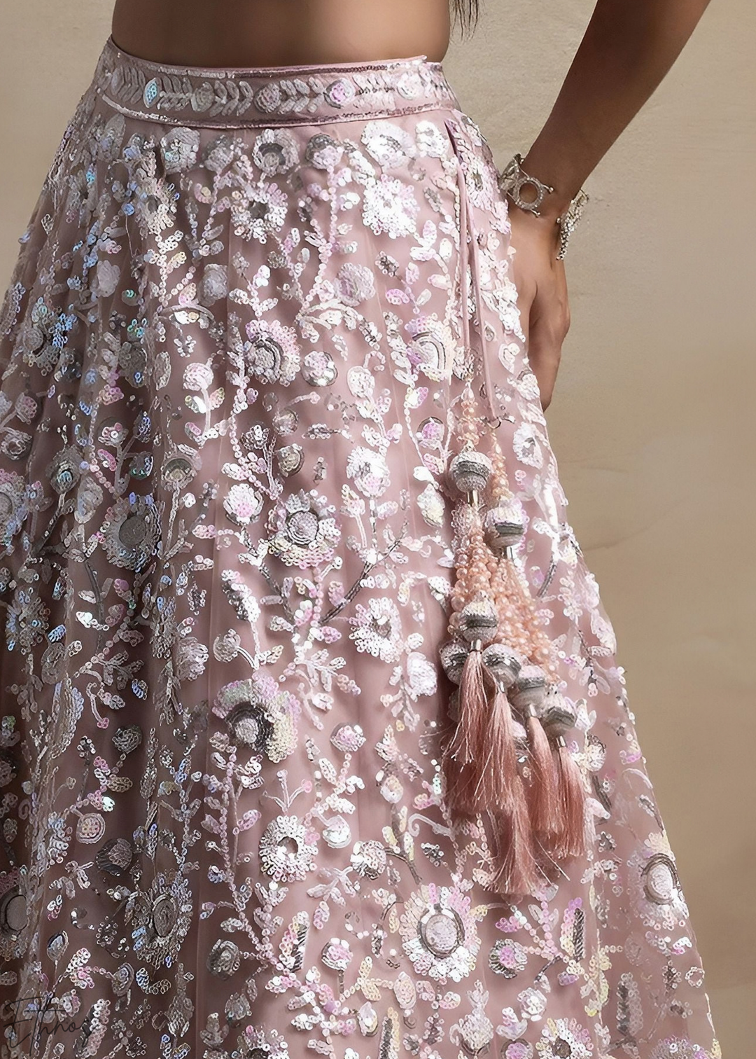Muted Rose Foliage Filigree Net Lehenga Choli