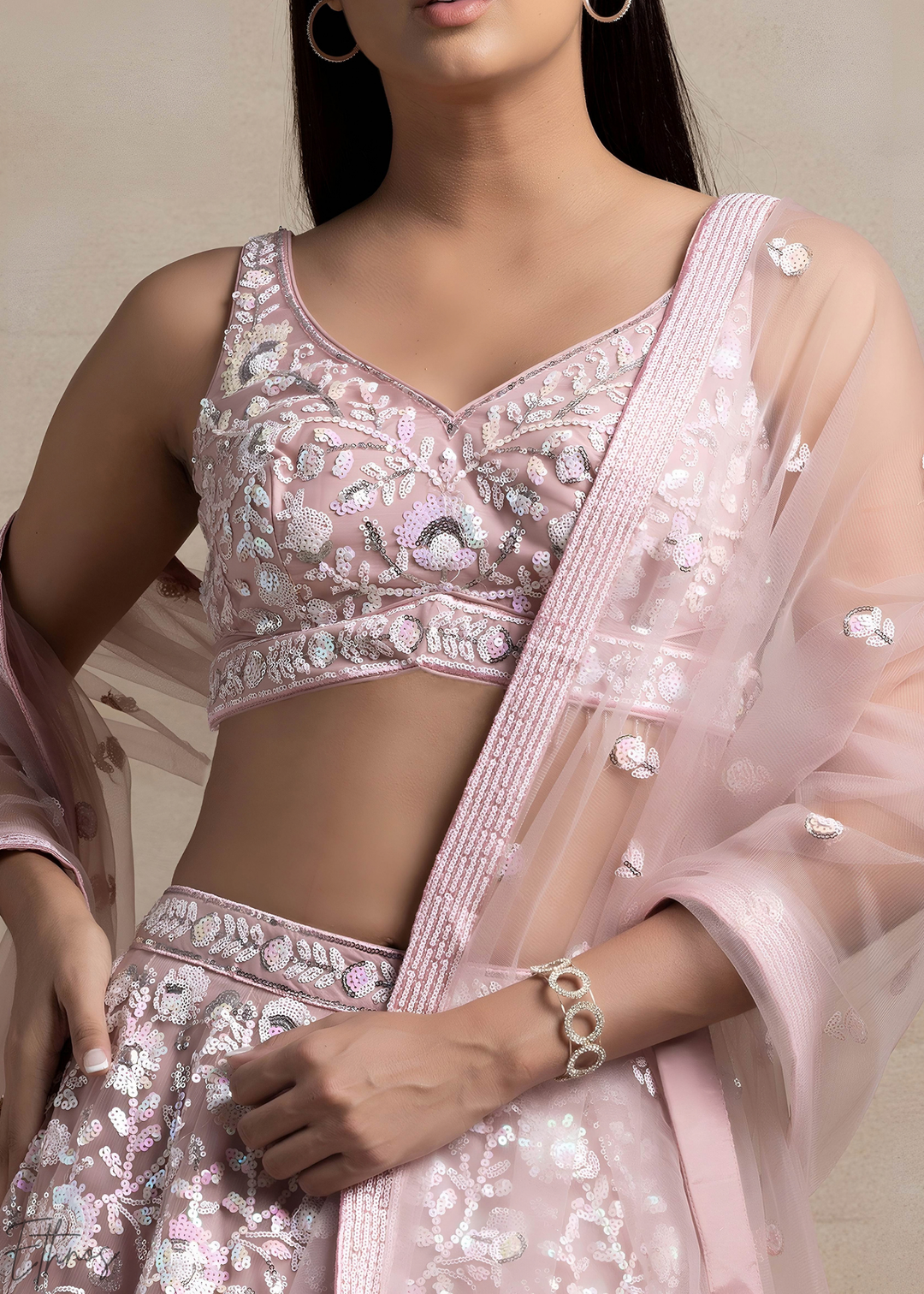Muted Rose Foliage Filigree Net Lehenga Choli