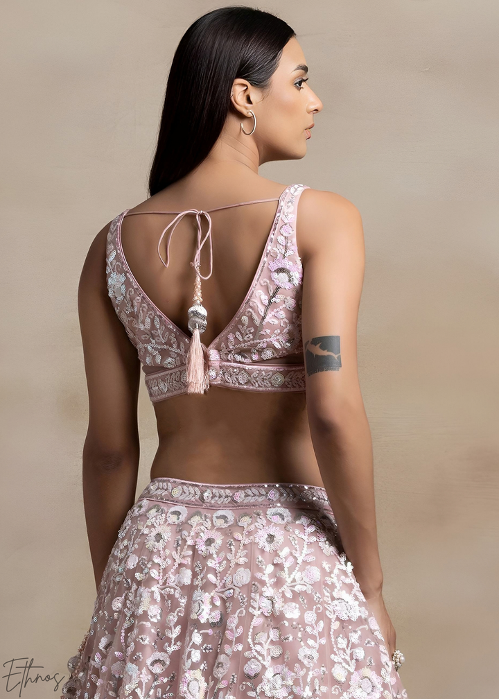 Muted Rose Foliage Filigree Net Lehenga Choli