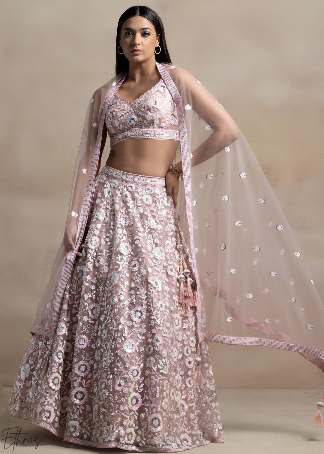 Muted Rose Foliage Filigree Net Lehenga Choli