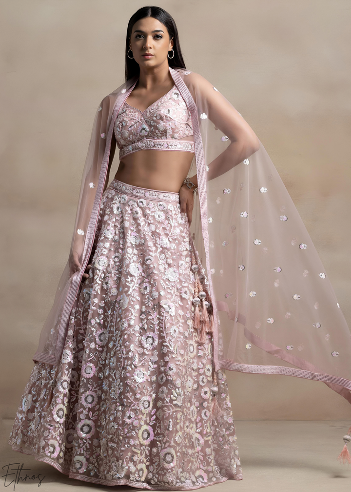 Muted Rose Foliage Filigree Net Lehenga Choli