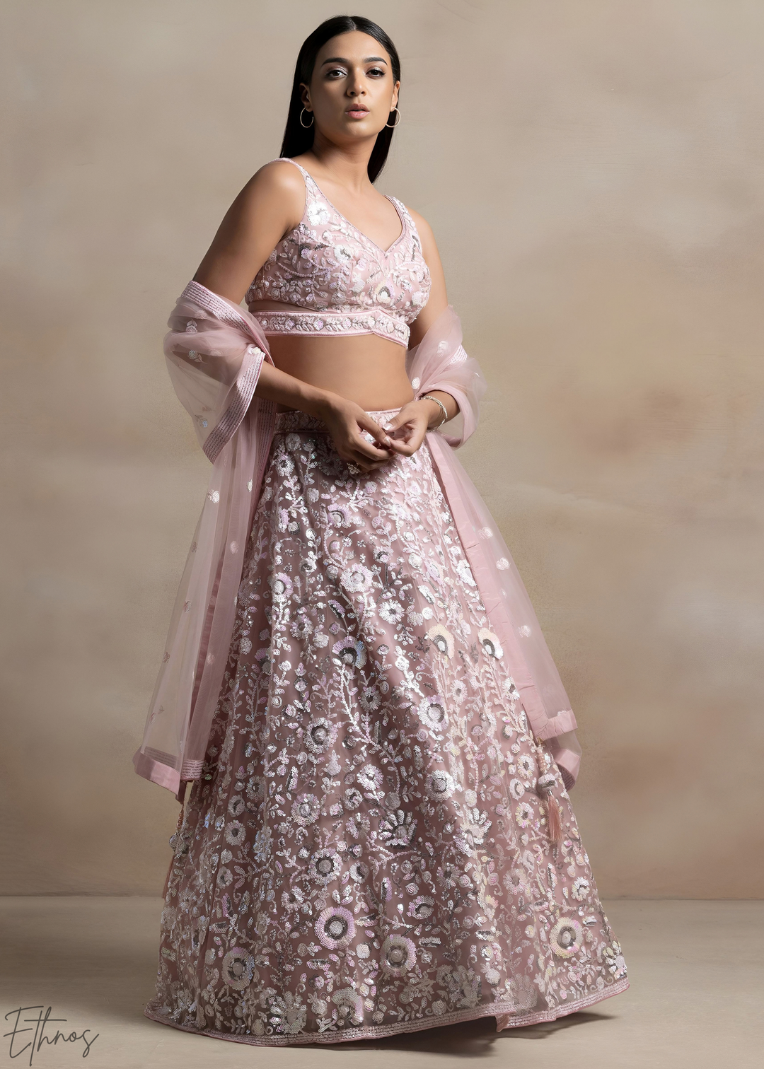 Muted Rose Foliage Filigree Net Lehenga Choli