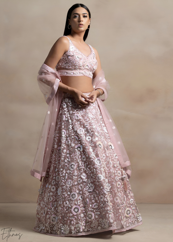 Muted Rose Foliage Filigree Net Lehenga Choli