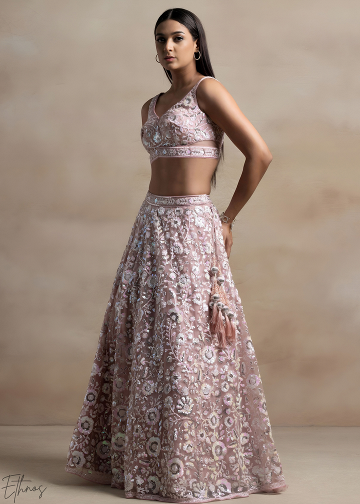 Muted Rose Foliage Filigree Net Lehenga Choli