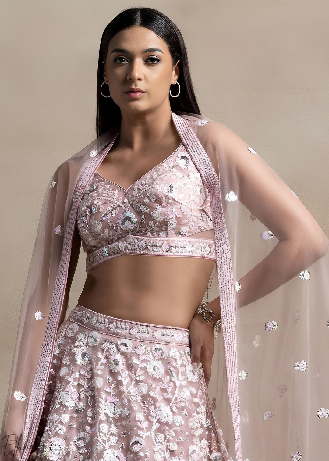 Muted Rose Foliage Filigree Net Lehenga Choli