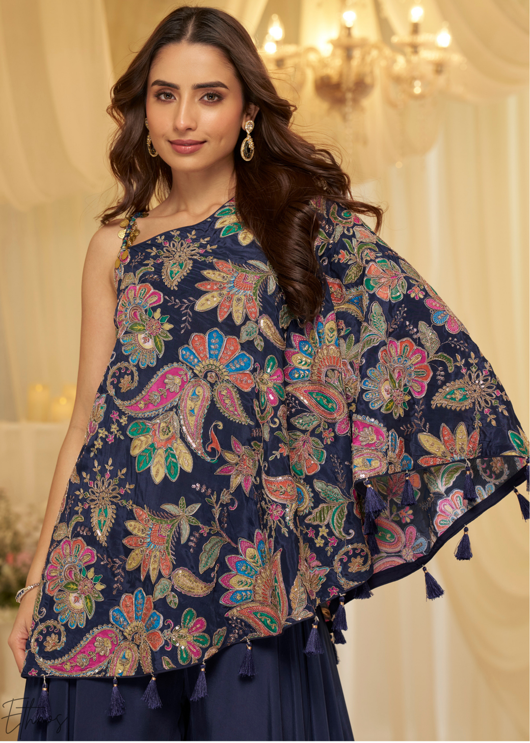 Navy Blue Crepe Poncho Palazzo Suit