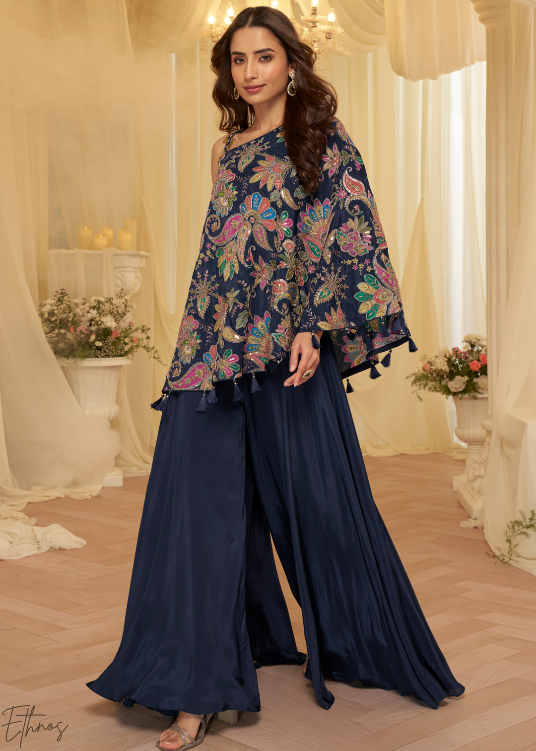 Navy Blue Crepe Poncho Palazzo Suit
