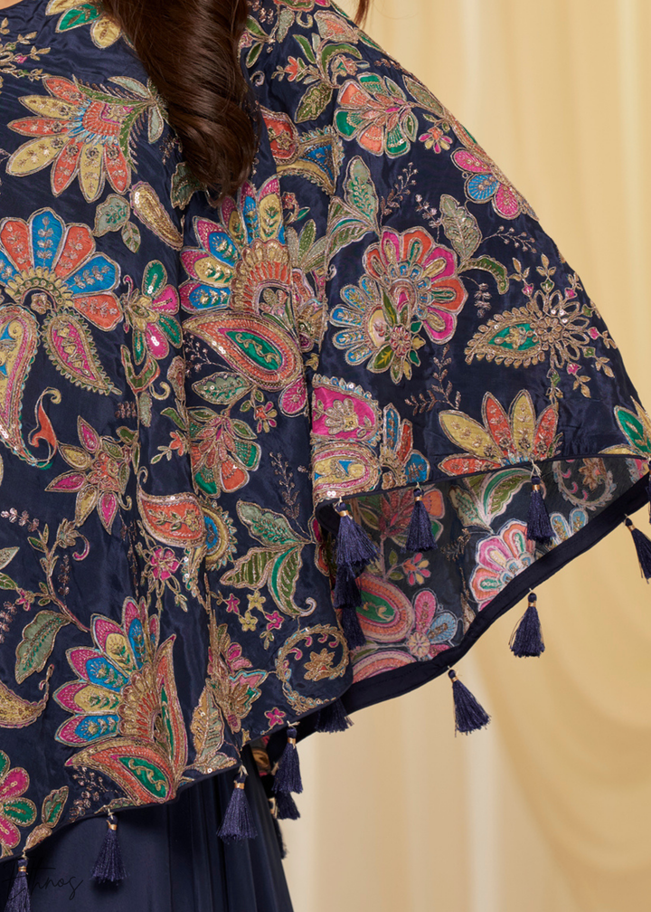 Navy Blue Crepe Poncho Palazzo Suit