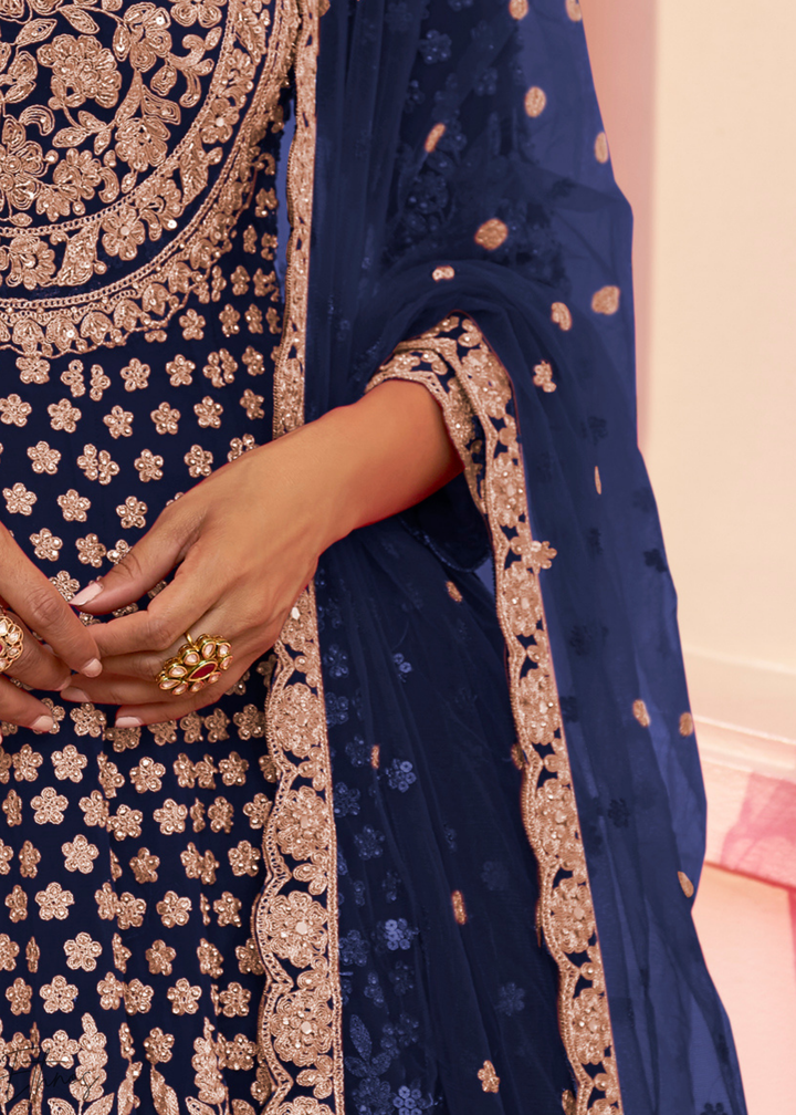 Navy Blue Georgette Anarkali Lehenga Suit