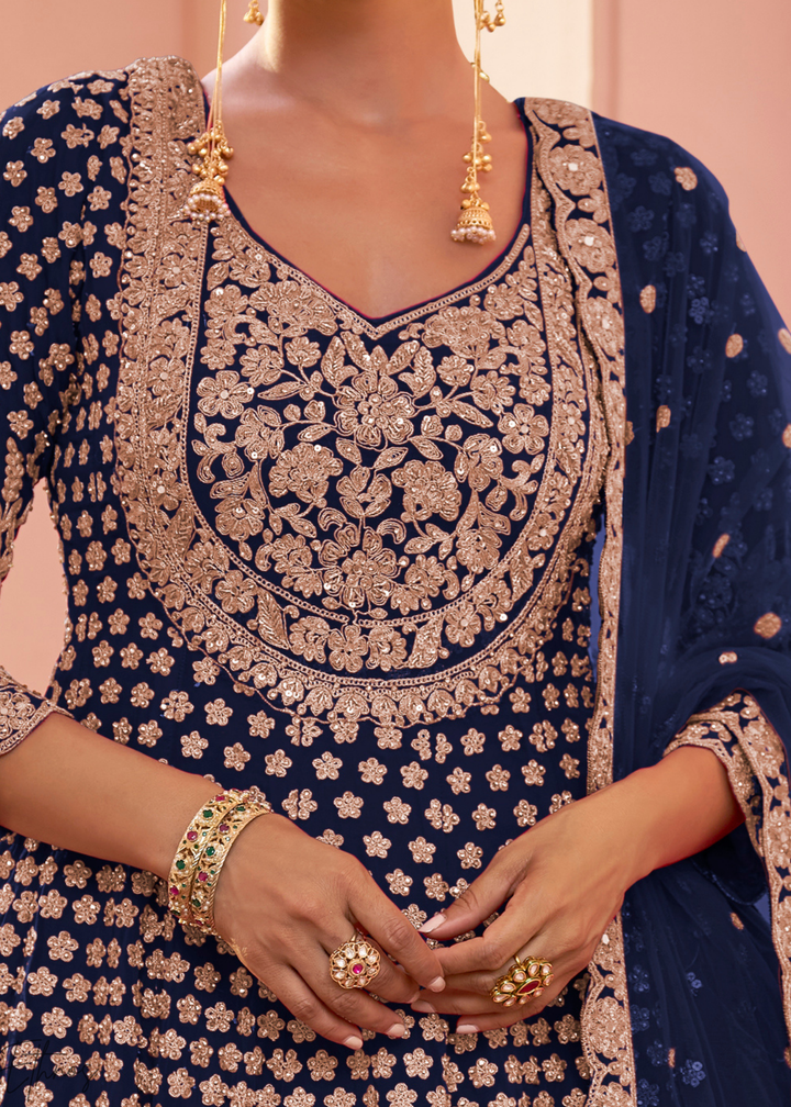 Navy Blue Georgette Anarkali Lehenga Suit