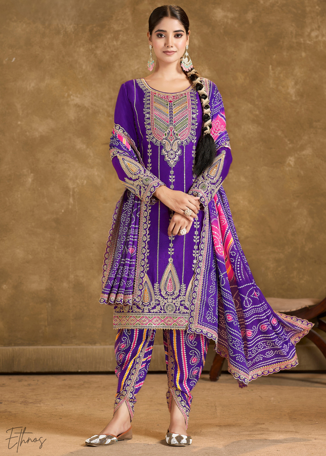 Navy Blue Glaze Printed Chinon Dhoti Suit