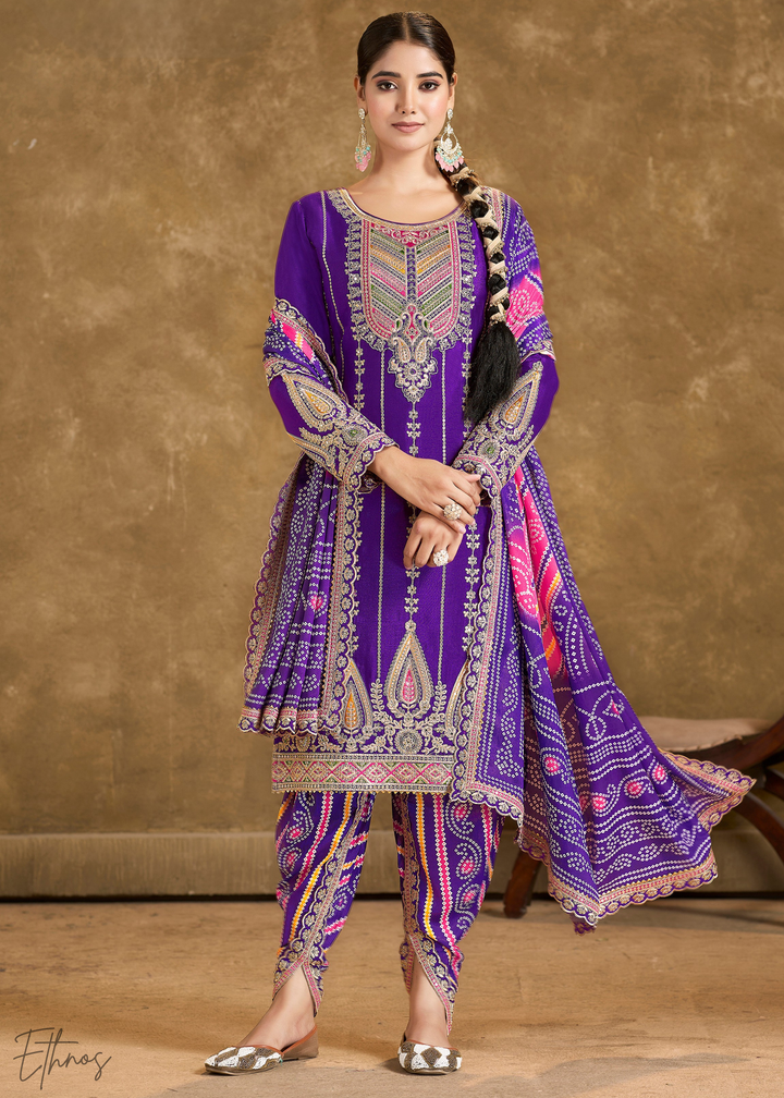 Navy Blue Glaze Printed Chinon Dhoti Suit