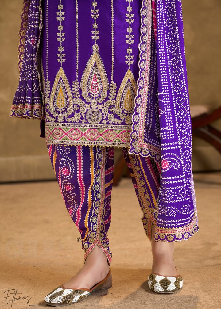 Navy Blue Glaze Printed Chinon Dhoti Suit