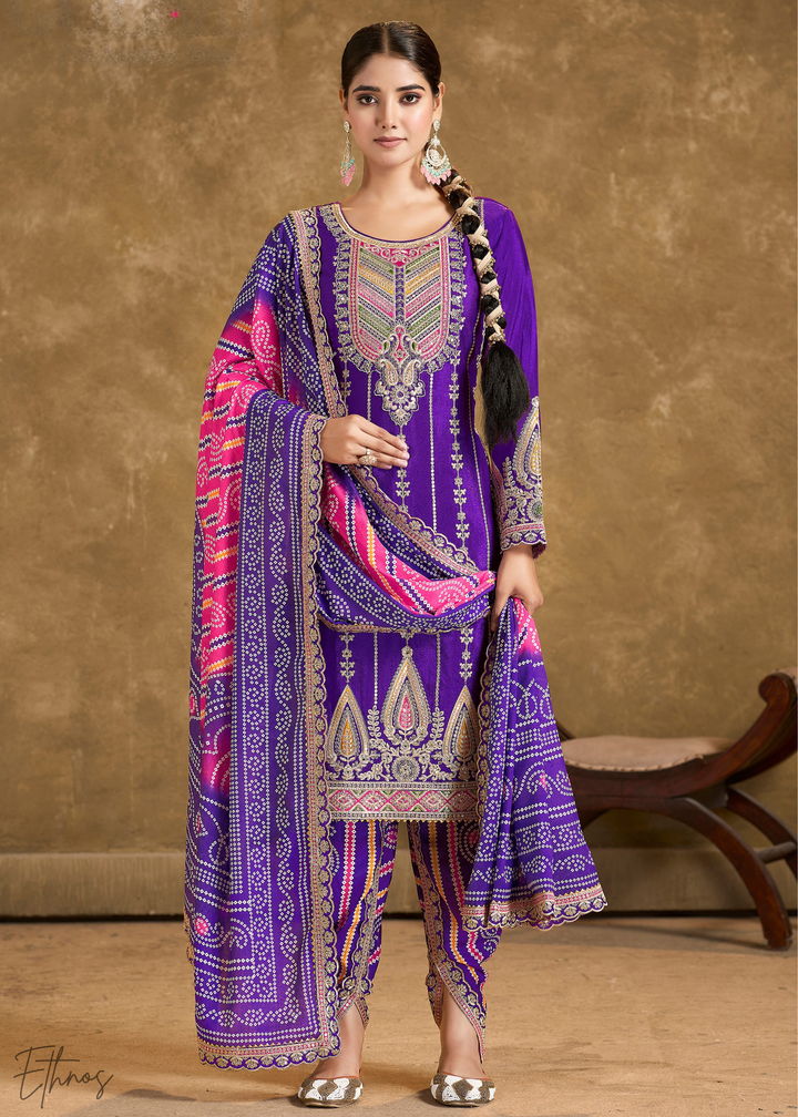 Navy Blue Glaze Printed Chinon Dhoti Suit