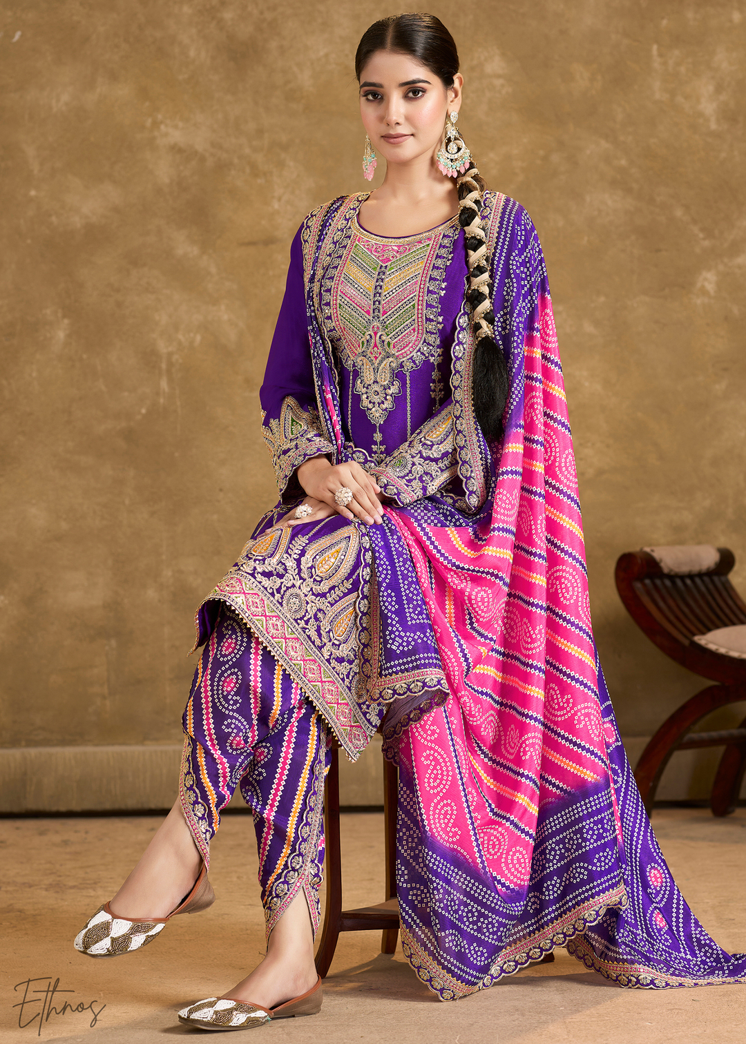 Navy Blue Glaze Printed Chinon Dhoti Suit