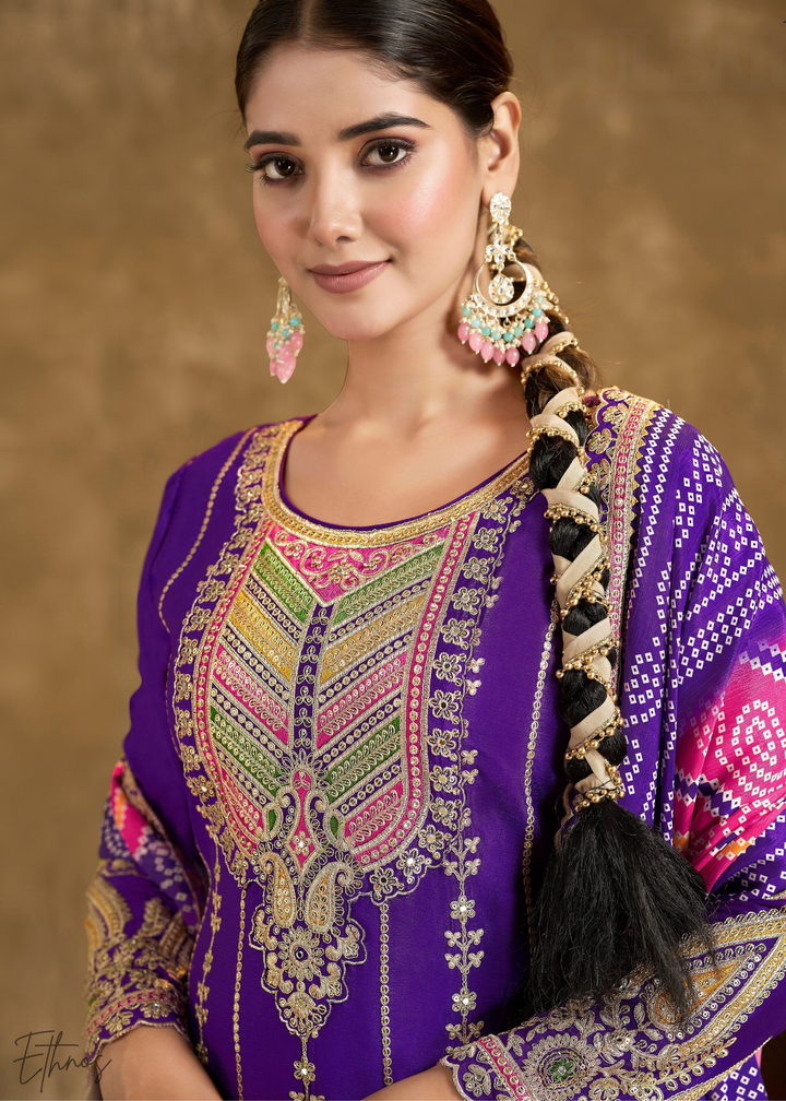 Navy Blue Glaze Printed Chinon Dhoti Suit