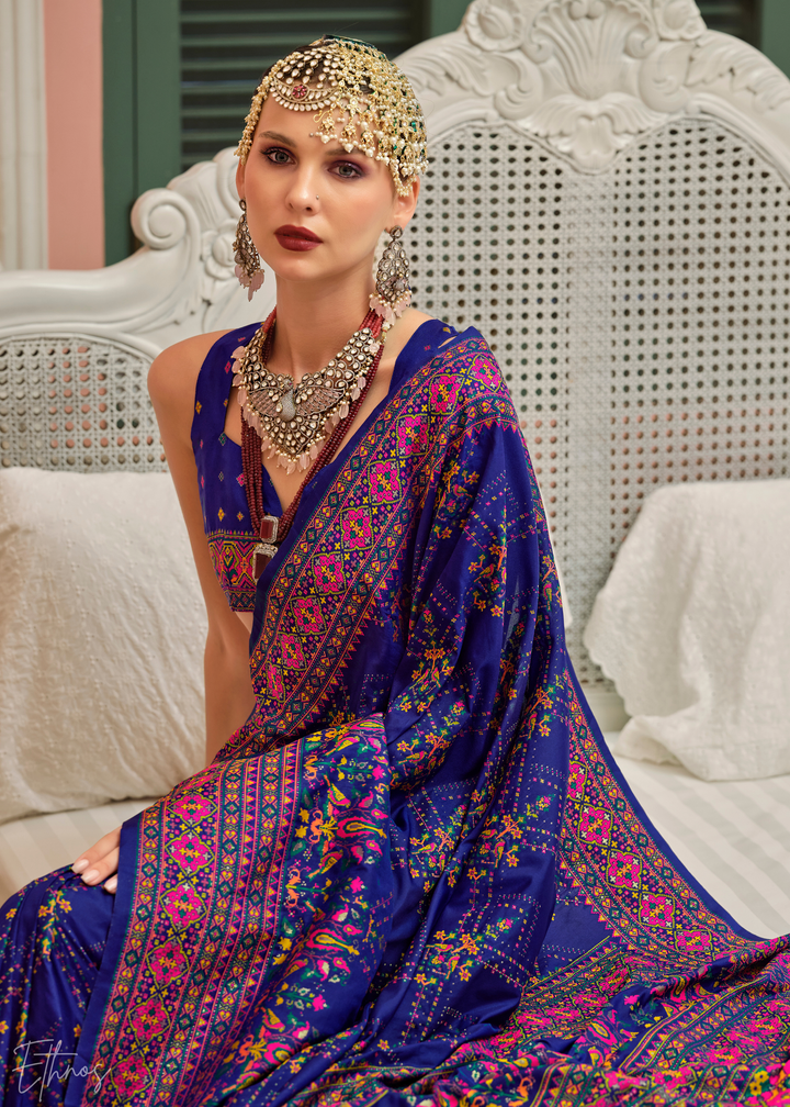 Navy Blue Kashmiri Silk Saree
