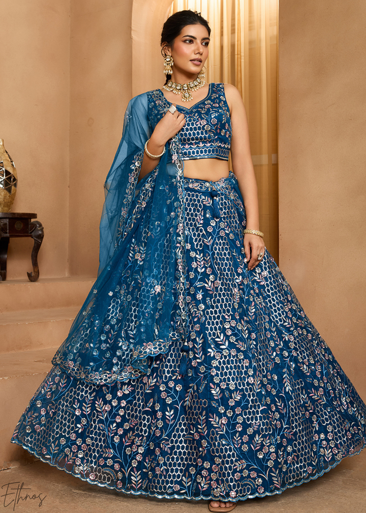 Navy Blue Pastel Floral Sequins Embroidered Net Lehenga Choli