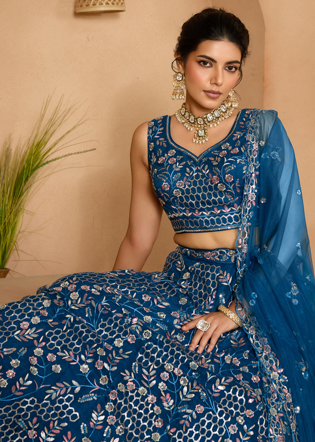 Navy Blue Pastel Floral Sequins Embroidered Net Lehenga Choli
