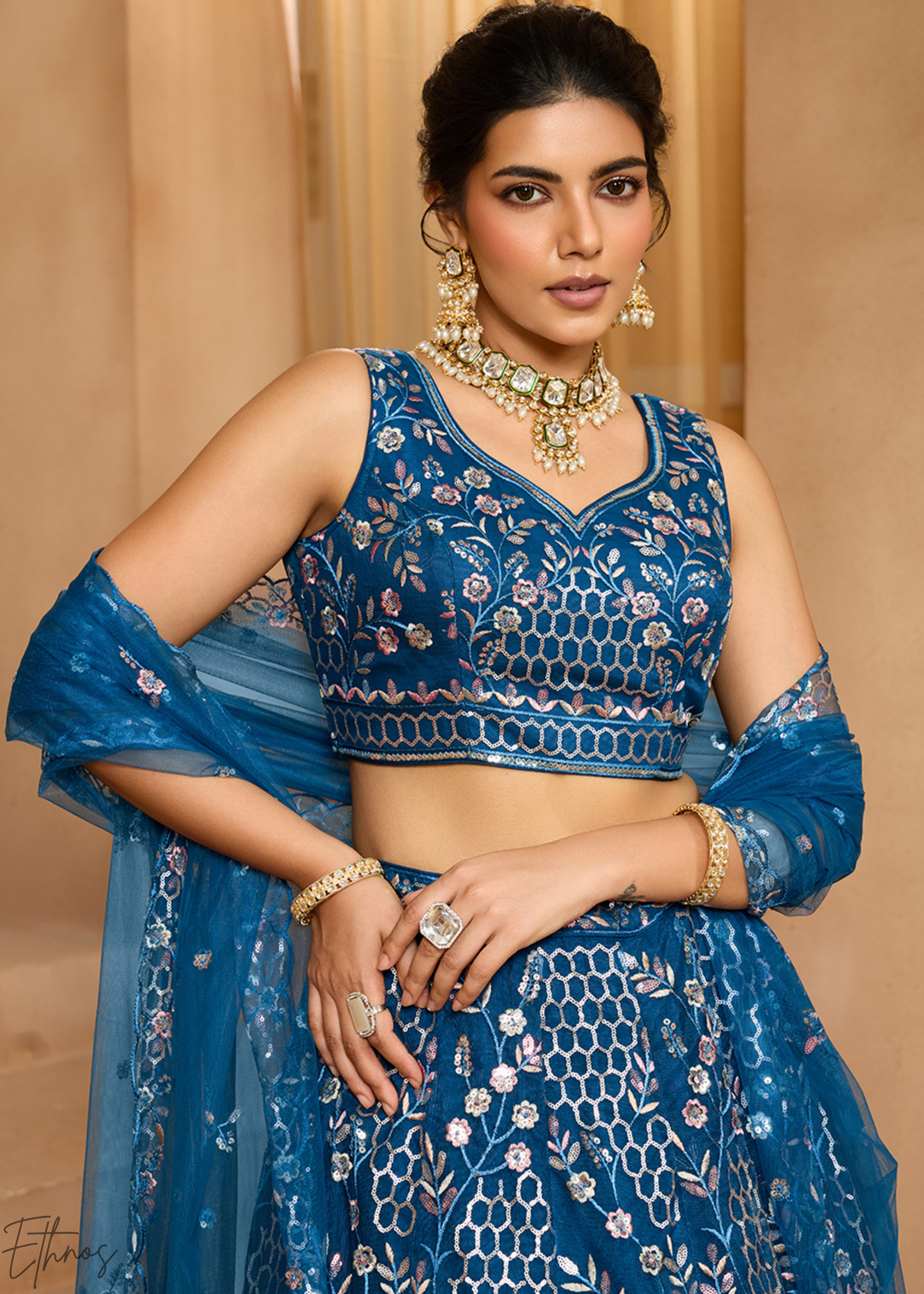Navy Blue Pastel Floral Sequins Embroidered Net Lehenga Choli