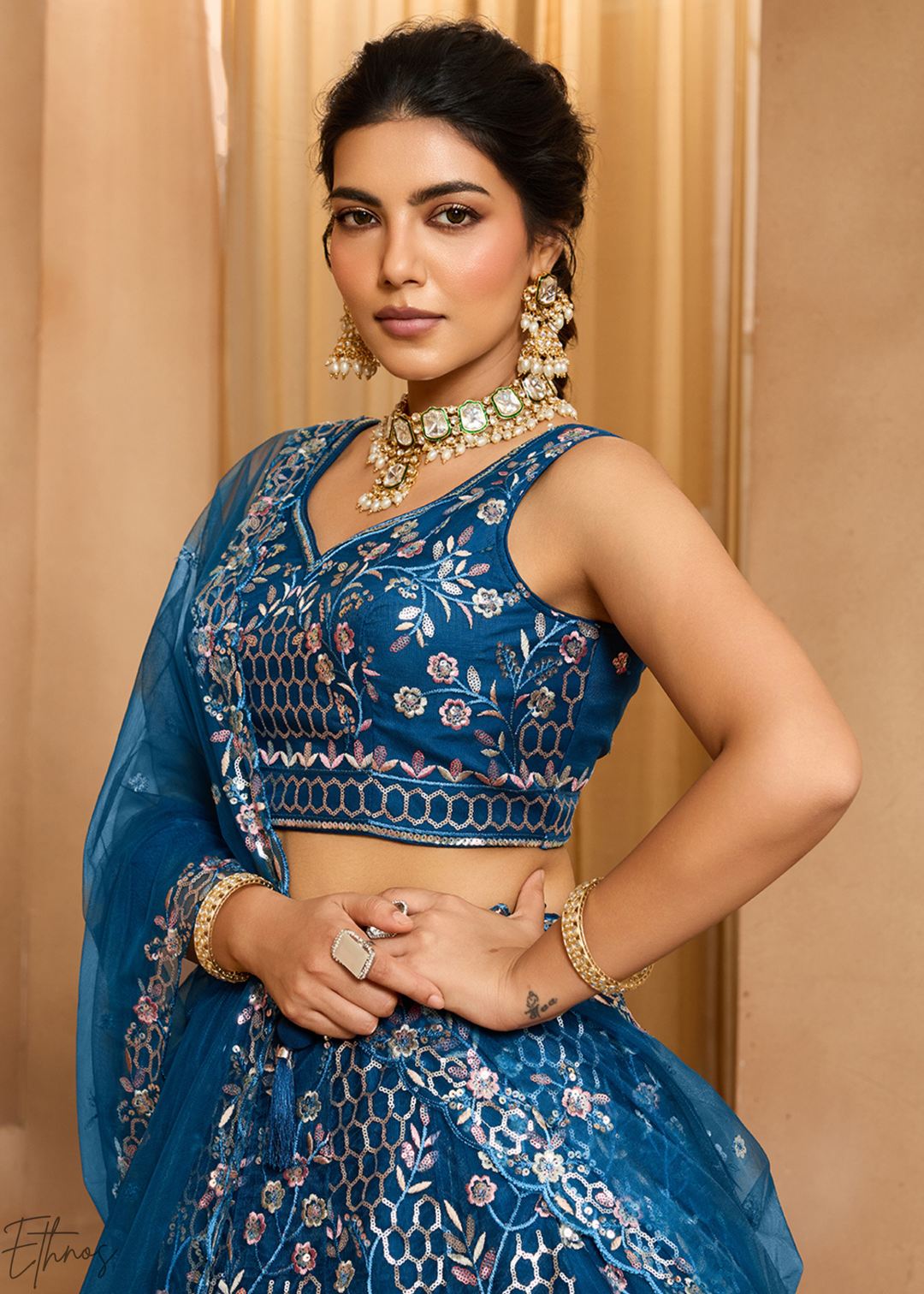 Navy Blue Pastel Floral Sequins Embroidered Net Lehenga Choli