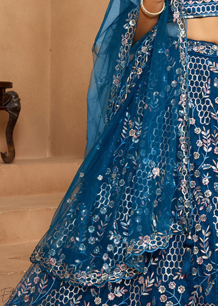 Navy Blue Pastel Floral Sequins Embroidered Net Lehenga Choli