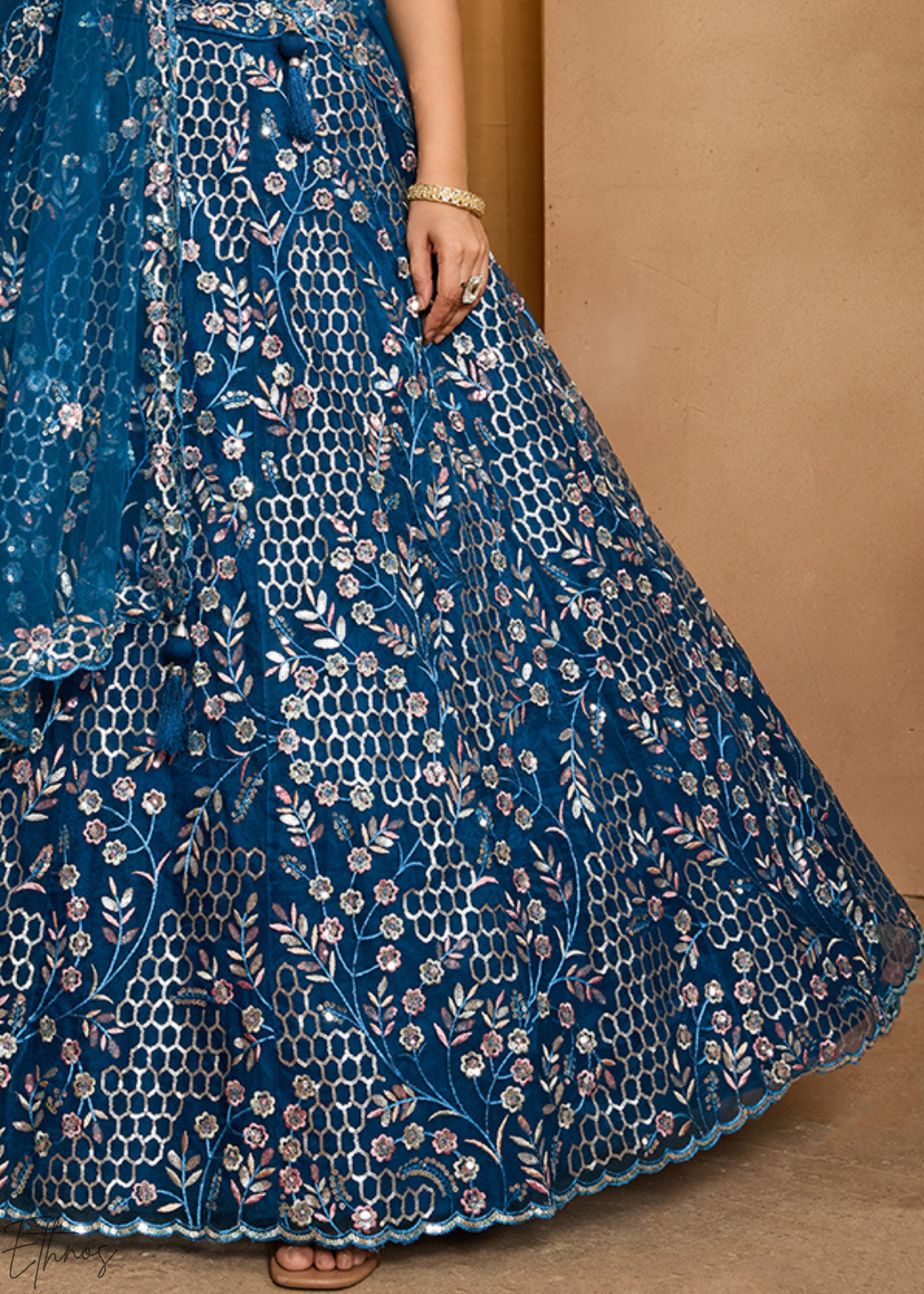 Navy Blue Pastel Floral Sequins Embroidered Net Lehenga Choli