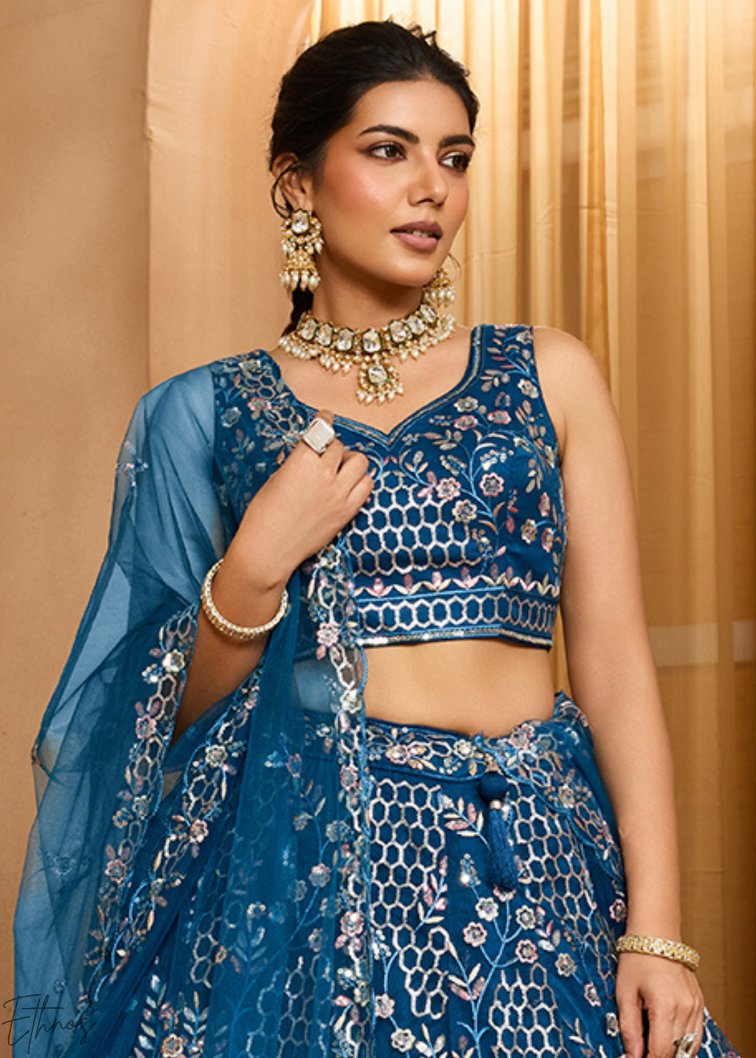 Navy Blue Pastel Floral Sequins Embroidered Net Lehenga Choli