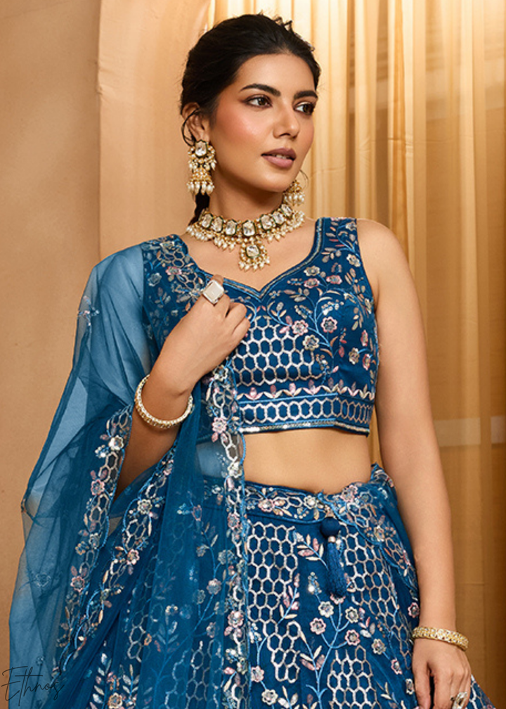 Navy Blue Pastel Floral Sequins Embroidered Net Lehenga Choli