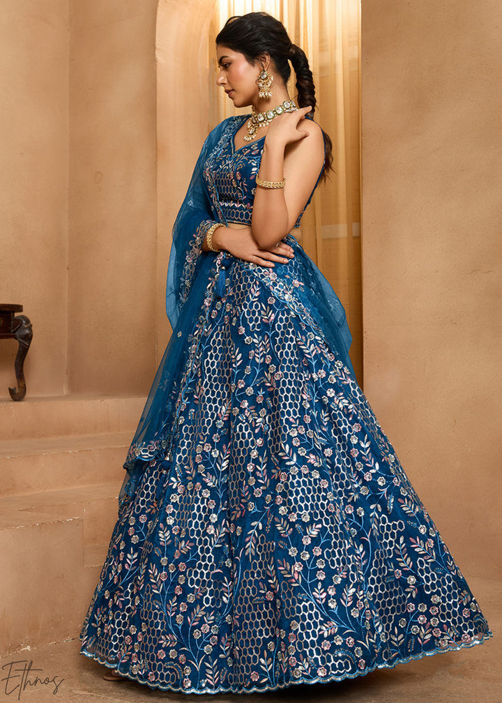 Navy Blue Pastel Floral Sequins Embroidered Net Lehenga Choli