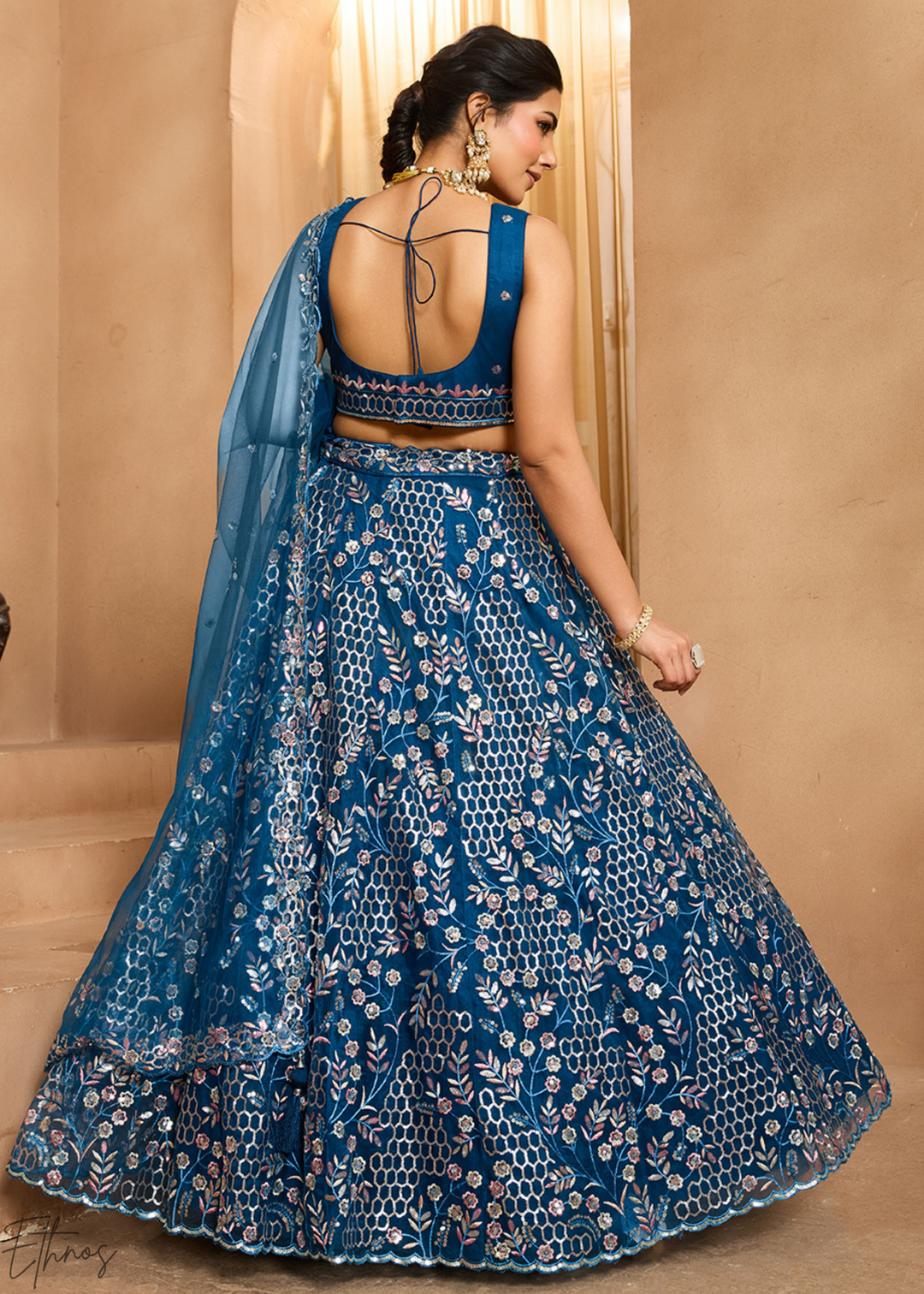Navy Blue Pastel Floral Sequins Embroidered Net Lehenga Choli