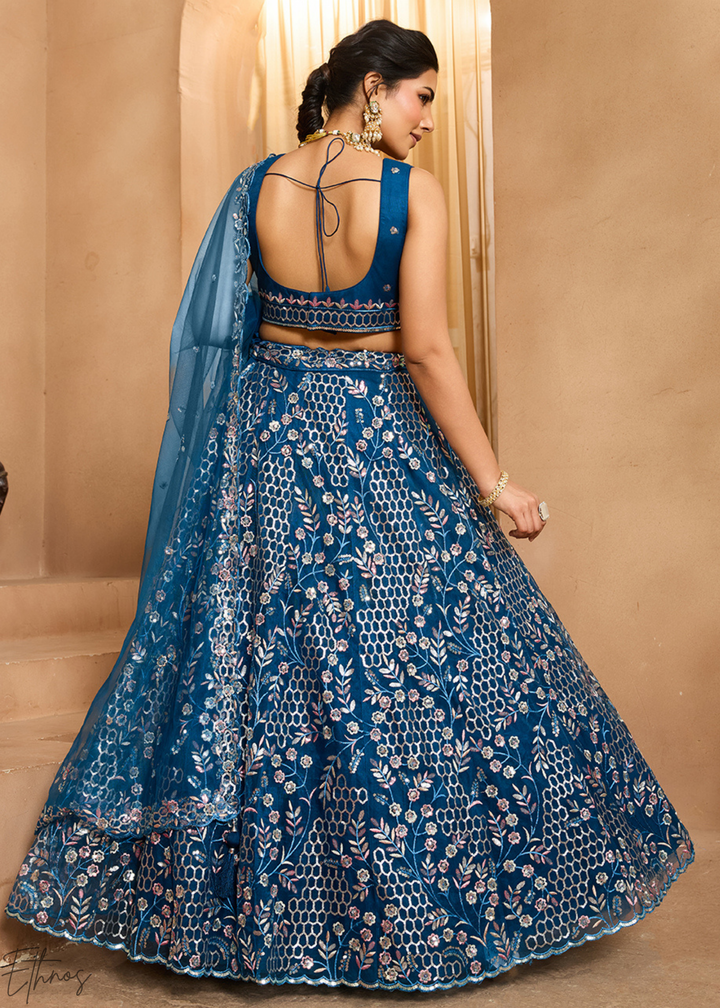 Navy Blue Pastel Floral Sequins Embroidered Net Lehenga Choli
