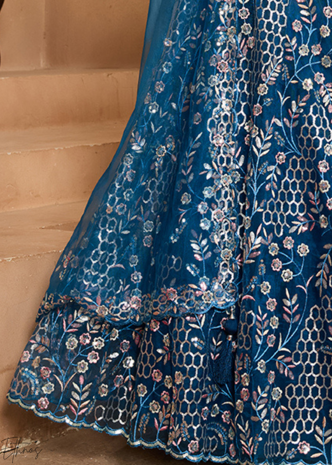Navy Blue Pastel Floral Sequins Embroidered Net Lehenga Choli