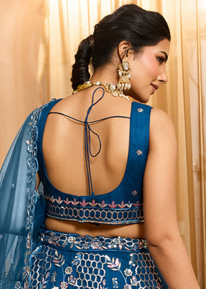 Navy Blue Pastel Floral Sequins Embroidered Net Lehenga Choli