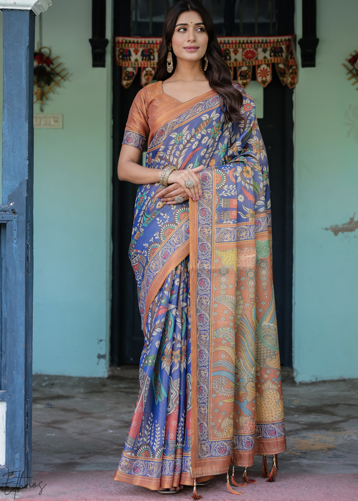 Navy Blue Royal Heritage Cotton Linen Saree