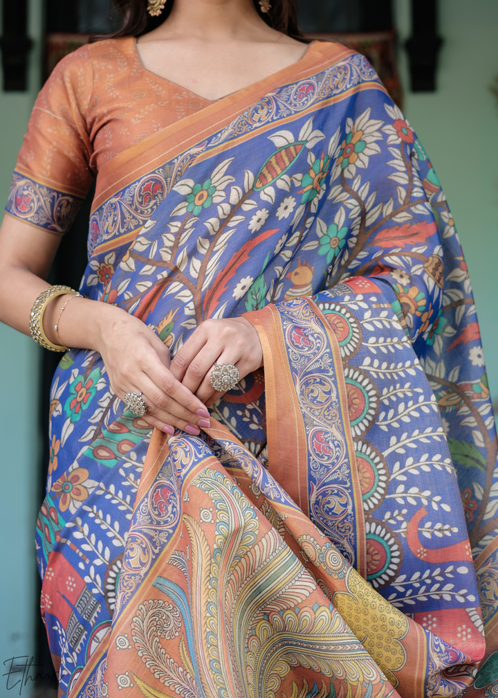 Navy Blue Royal Heritage Cotton Linen Saree