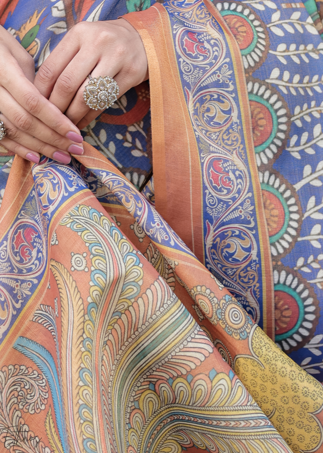 Navy Blue Royal Heritage Cotton Linen Saree